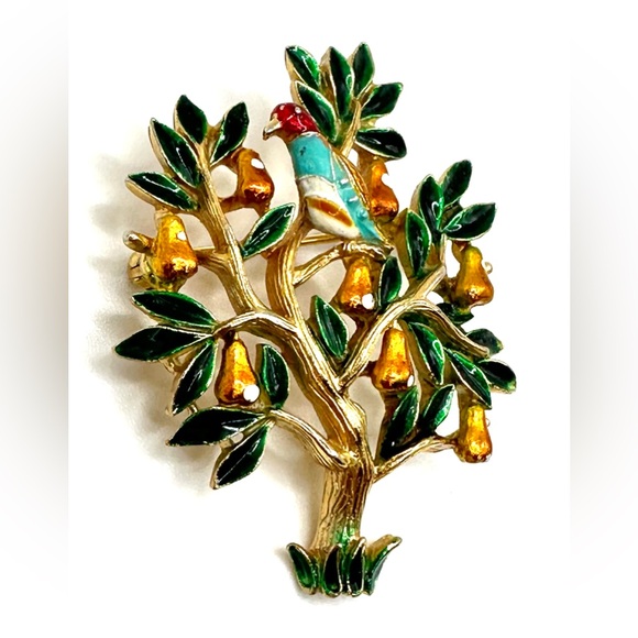 RARE 1960s Trifari Signed Tree of Life Brooch-Enamel Pear Tree Bird-Original Box - Picture 5 of 14